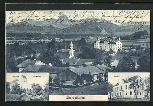 AK Oberoelkofen, Schule, Schloss, Teilansicht mit Kirche
