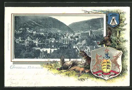 Passepartout-Lithographie Liebenzell, Panoramablick auf den Ort, Wappen