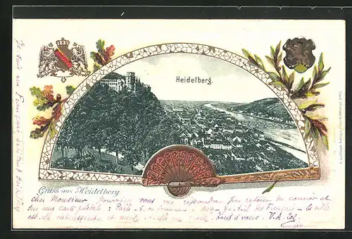 Passepartout-Lithographie Heidelberg, Panoramablick auf Stadt und Neckar, Ansicht auf Fächer