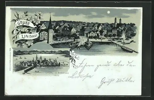 Mondschein-Lithographie Lindau i. B., Dampfer im Hafen, Panorama