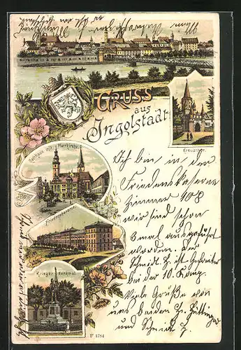 Lithographie Ingolstadt, Friedenskaserne, Kriegerdenkmal, Rathaus mit Pfarrkirche