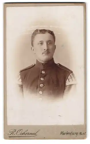 Fotografie R. Ochermal, Marienberg i. Schl., Ratsgasse 35, Portrait Soldat in Musiker Uniform
