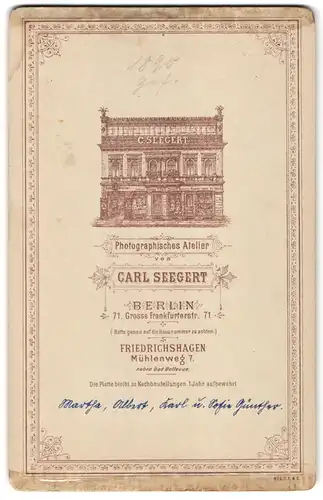 Fotografie Carl Seegert, Berlin, Grosse Frankfurterstr. 11, Ansicht Berlin, Gebäudeansicht des Atelier's