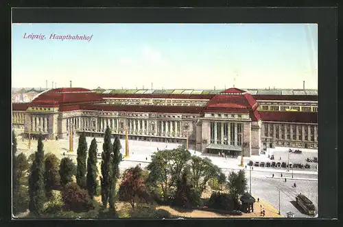 AK Leipzig, Strassenbahn vor dem Hauptbahnhof