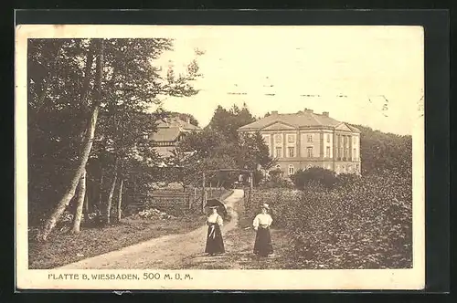 AK Platte /Wiesbaden, elegante Damen flanieren in einem Villenviertel