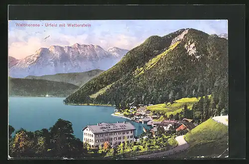 AK Urfeld /Walchensee, Hotel Jäger am See vor dem malerischen See