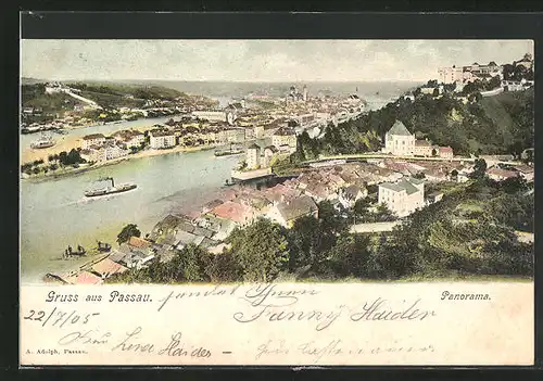 AK Passau, Panorama, Donaudampfer