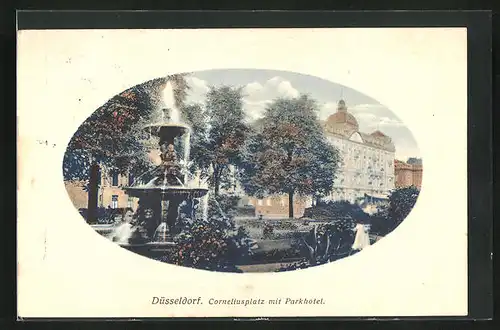 Präge-AK Düsseldorf, Corneliusplatz und Parkhotel mit Brunnen