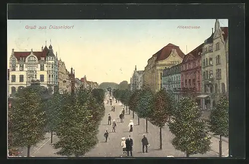 AK Düsseldorf, Alleestrasse mit Passanten