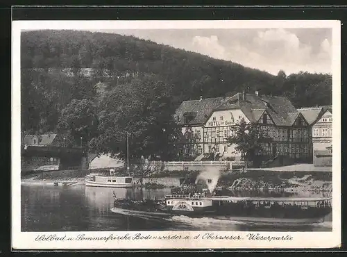 AK Bodenwerder /Oberweser, MS Kronprinz Wilhelm passiert Hotel zum goldenen Anker