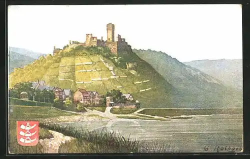 Künstler-AK Beilstein, Teilansicht mit Burgruine, Burgwappen