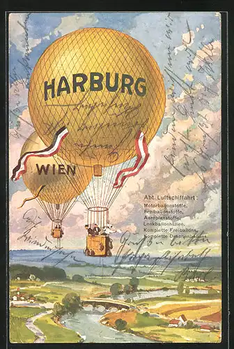 Künstler-AK Harburg, Ballons der Vereinigte Gummiwaren-Fabriken Harburg-Wien