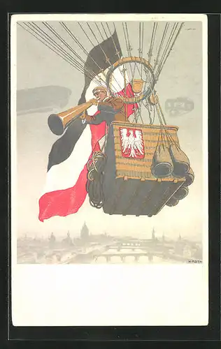 Künstler-AK Frankfurt a. M., Internationale Luftschiffahrt-Ausstellung 1909, Ballonfahrer mit Megaphon