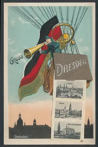 Leporello-AK Dresden, Ansichten im Ballon mit Ausrufer, Terrassentreppe, Ausstellungspalast, Postplatz