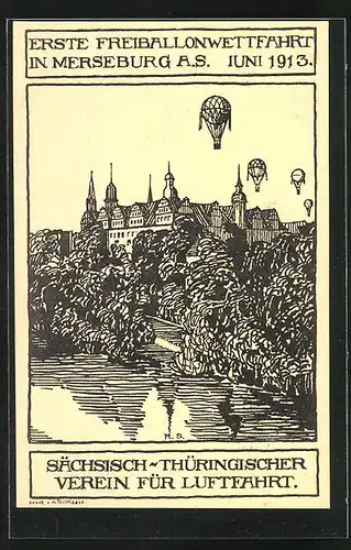 Künstler-AK Merseburg a. S., Erste Freiballonwettfahrt Juni 1913, Ballons über dem Schloss