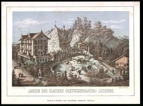 Lithographie Luzern, Jardin des Glaciers (Gletschergarten), altkolorierte Lithographie um 1880, 17 x 23cm