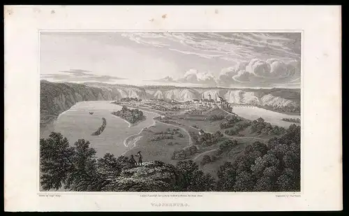 Stahlstich Wasserburg, Panorama der Stadt mit Innschleife, Stahlstich von Captn. Batty um 1840, 17 x 27cm