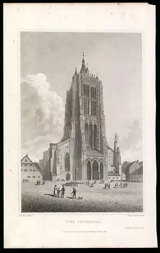 Stahlstich Ulm, Kathedrale mit Platz und Denkmal, Stahlstich von Captn. Batty um 1840, 17 x 27cm