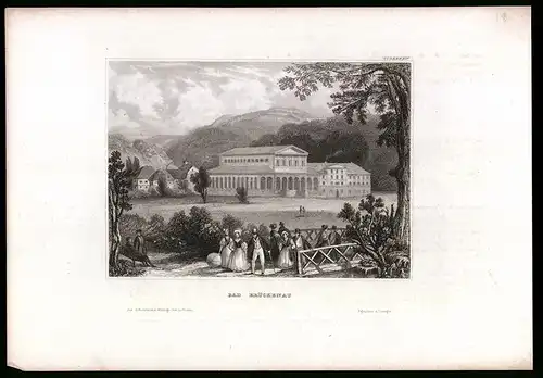 Stahlstich Bad Brückenau, Staatsbad gegen Gebirgszug, aus Kunstanstalt des Bibl. Inst. Hildburghausen um 1850, 19 x 27cm