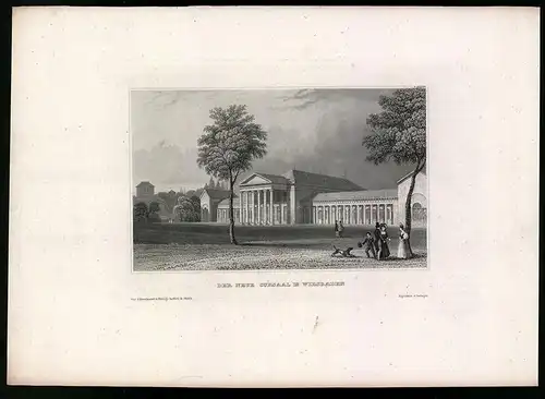 Stahlstich Wiesbaden, Der neue Cursaal, aus Kunstanstalt des Bibl. Inst. Hildburghausen um 1850, 20 x 28cm