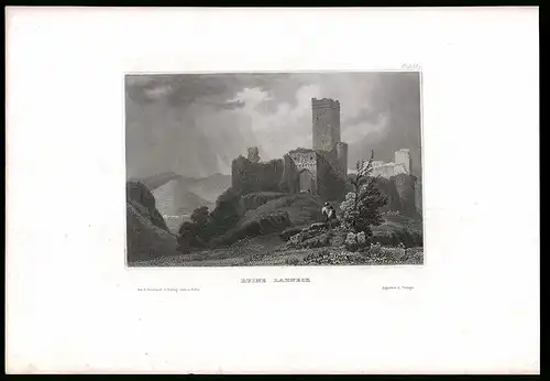 Stahlstich Lahneck, Ruine gegen Hügellandschaft, aus Kunstanstalt des Bibl. Inst. Hildburghausen um 1850, 19 x 27cm