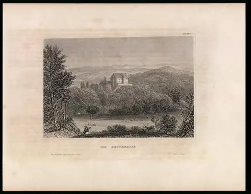 Stahlstich Bettenburg, Burg gegen Bergpanorama, aus Kunstanstalt des Bibl. Inst. Hildburghausen um 1850, 19 x 24cm