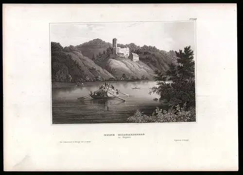 Stahlstich Hildgardsberg /Bayern, Flusspartie mit Ruine, aus Kunstanstalt des Bibl. Inst. Hildburghausen um 1850