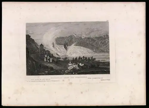 Stahlstich Schaffhausen, Wasserfall gegen Schloss, aus Kunstanstalt des Bibl. Inst. Hildburghausen um 1850, 18 x 25cm