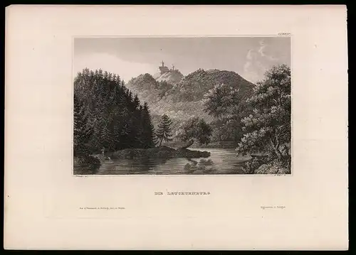 Stahlstich Seitenroda, Fluss gegen Leuchtenburg, aus Kunstanstalt des Bibl. Inst. Hildburghausen um 1850, 19 x 26cm