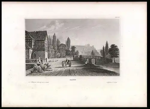 Stahlstich Sayn, Strassenpartie mit Mühle, aus Kunstanstalt des Bibl. Inst. Hildburghausen um 1850, 19 x 25cm