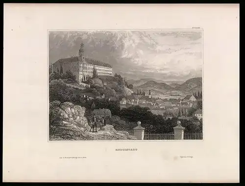 Stahlstich Rudolstadt /Thüringen, Schloss oberhalb Zentrum, aus Kunstanstalt des Bibl. Inst. Hildburghausen um 1850