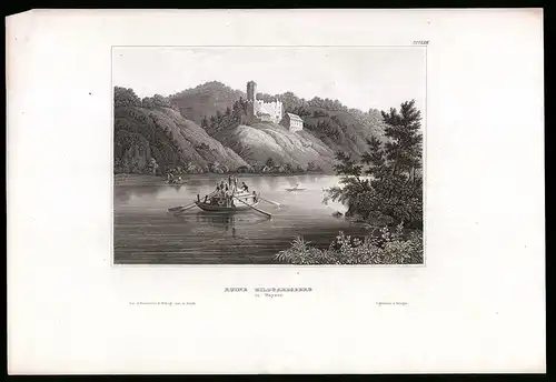 Stahlstich Hildgardsberg /Bayern, Fähre gegen Ruine, aus Kunstanstalt des Bibl. Inst. Hildburghausen um 1850, 19 x 27cm