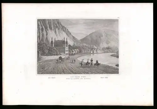 Stahlstich Bad Ems, Strasse nach Nassau mit Fluss, aus Kunstanstalt des Bibl. Inst. Hildburghausen um 1850, 19 x 27cm