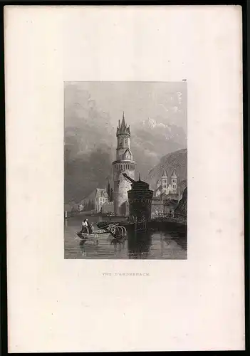 Stahlstich Andernach, Ortspartie mit Turm, aus Kunstanstalt des Bibl. Inst. Hildburghausen um 1850, 19 x 27cm