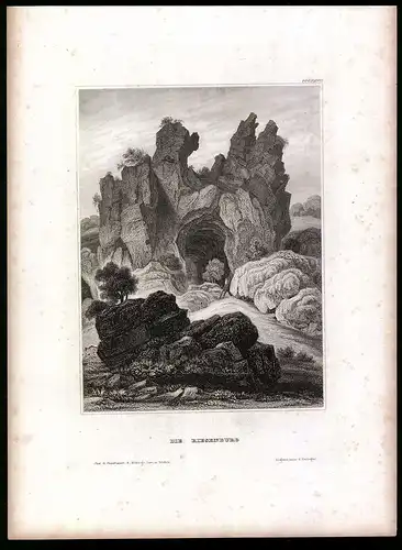 Stahlstich Riesenburg, Eingang der Felsformation, aus Kunstanstalt des Bibl. Inst. Hildburghausen um 1850, 18 x 25cm