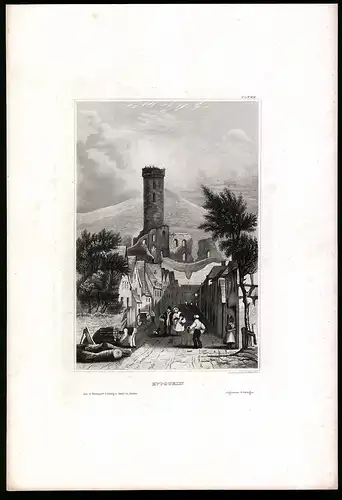 Stahlstich Eppstein, Strassenpartie gegen Ruine mit Turm, aus Kunstanstalt des Bibl. Inst. Hildburghausen um 1850
