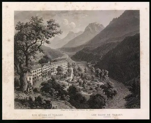 Stahlstich Tarasp, Die Bäder in Graubünden, Stahlstich um 1880, 19 x 24cm