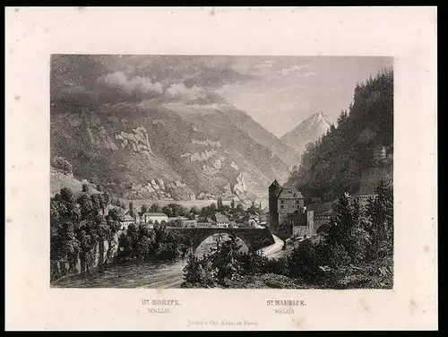Stahlstich St. Moritz /Wallis, Ortsansicht gegen Alpenpanorama, Stahlstich um 1880, 17 x 23cm