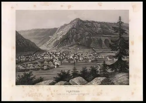 Stahlstich Fleurier /Neuchatel, Gesamtansicht mit Bergmassiv, Stahlstich um 1880, 17 x 24cm