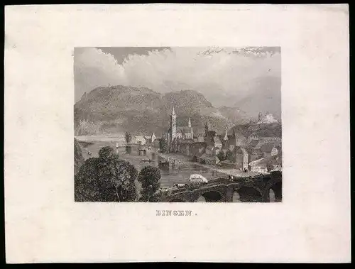 Stahlstich Bingen, Totalansicht mit Rhein, Stahlstich um 1880, 13 x 17cm