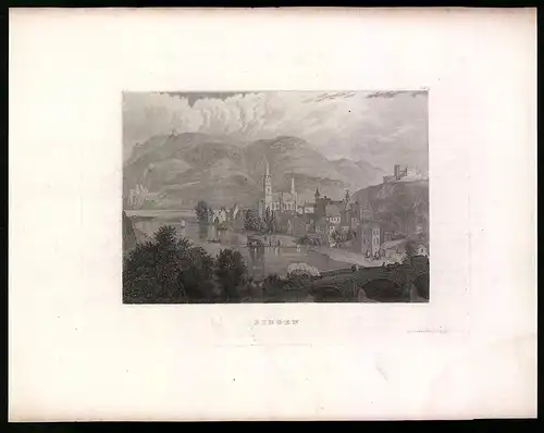 Stahlstich Bingen, Flusspartie mit Kirche, Stahlstich um 1880, 20 x 25cm