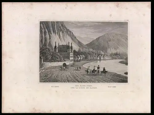 Stahlstich Bad Ems, Strasse nach Nassau mit Bergkulisse, Stahlstich um 1880, 18 x 24cm