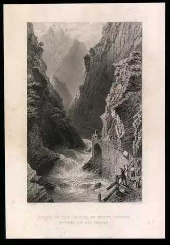 Stahlstich Tessin, Flusspartie mit Monte Piotino, Stahlstich um 1880, 17 x 24cm