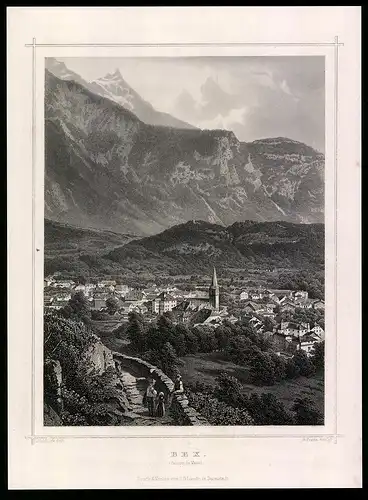 Stahlstich Bex /Vaud, Gesamtansicht mit Gebirgspanorama, Stahlstich um 1880, 17 x 23cm