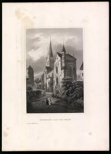 Stahlstich Bacharach /Rhein, Strassenpartie mit Kirche, Stahlstich um 1880, 20 x 28cm