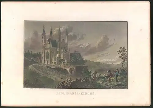 Stahlstich Remagen, Apollinaris-Kirche mit Fernblick, altkolorierter Stahlstich um 1880, 23 x 32cm