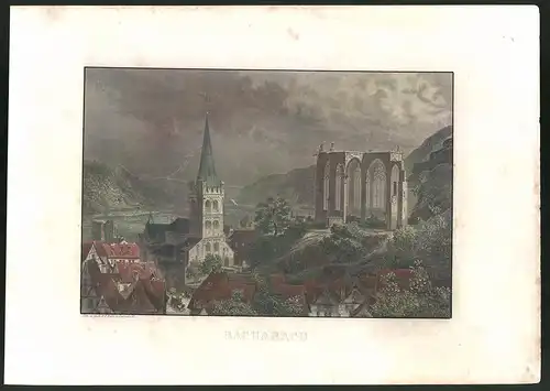 Stahlstich Bacharach, Ortsansicht mit Kirche und Ruine, altkolorierter Stahlstich um 1880, 23 x 32cm