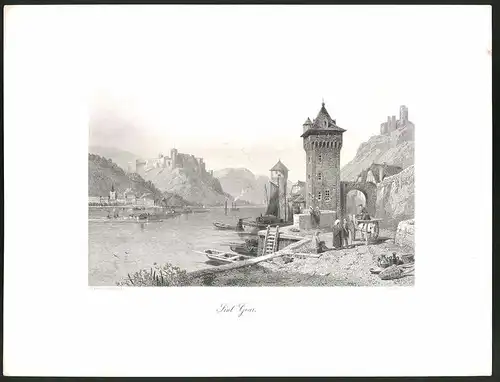 Stahlstich St. Goar, Flusspartie mit Turm gegen Ruine, Stahlstich um 1880, 26 x 33cm
