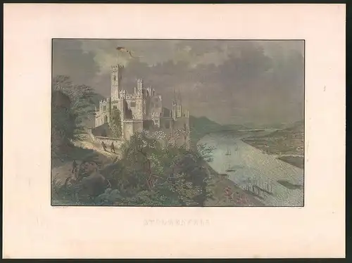 Stahlstich Koblenz, Schloss Stolzenfels über dem Rhein, altkolorierter Stahlstich um 1880, 23 x 31cm