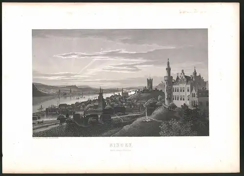 Stahlstich Bingen, Ortsansicht während Sonnenaufgang, Stahlstich um 1880, 24 x 32cm